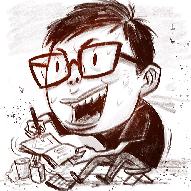 A caricature of myself sketching and drawing excitedly.